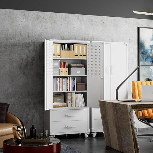 Garage Storage Cabinet with 2 Drawers and Pegboard, Metal Storage Cabinet with 2 Lockable Doors for Garage Home Office,Required Assembly,White,71.2" H*15.2" D*30" W