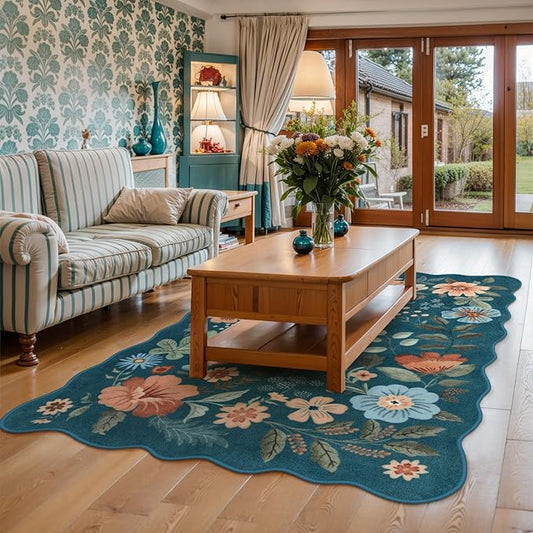 Lahome Floral Washable Rugs for Bedroom, 4X6 Area Rug Ultra-Thin Soft Living Room Rug, Non-Slip Classroom Stain Resistant Lightweight Boho Low-Pile Carpet for Nursery Office (4x6ft,Navy Blue)