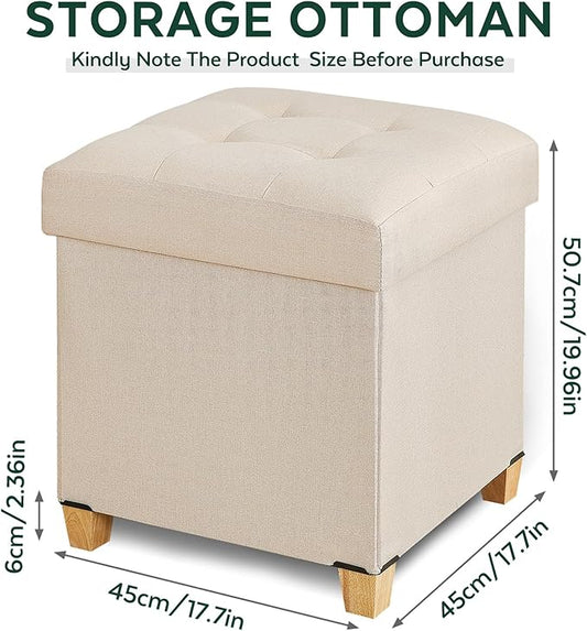 17.7" Ottoman with Storage, Square Storage Ottoman for Dorm, Linen Ottomans with Legs for Living Room, Bedroom, Beige