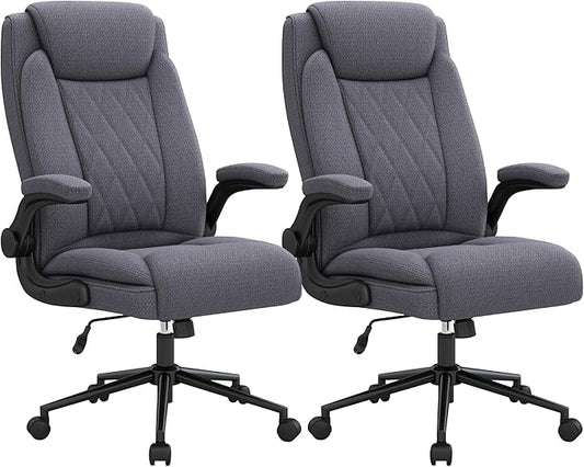 ralex-chair 2 Pack Big and Tall Office Chair -500 lb Heavy Duty Office Chair for Big Man, Fabric High Back Executive Office Desk Chair with 120° Tilt Rock,Computer Desk Chair with flip up arm - Grey