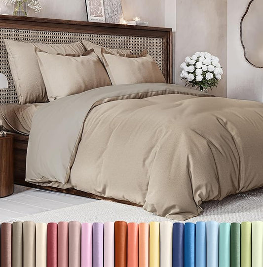 CGK Unlimited Duvet Cover Queen Size Set - Extra Soft Queen Size Duvet Cover 90 x 90 with 2 Pillow Shams - Hotel Quality w/Zipper Closures & Ties - Bedding and Bed Linens Set (Heathered Beige)