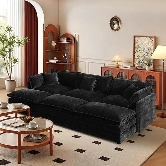 SoarFlash Chenille Sectional Sofa, Comfy Modular Coush Sofa with Ottoman, Modern 3 Seat Recliner Deep Seat Sofa Set for Living Room,Black