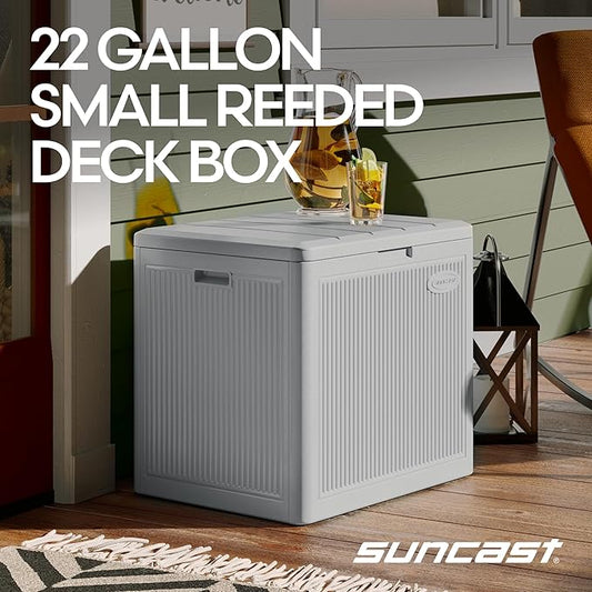 Suncast 22-Gal. Waterproof Resin Small Outdoor Patio Deck Box with Reeded Design, Modern Outdoor Patio Bench/Storage Box for Cushions, Garden Tools, and More, French Gray