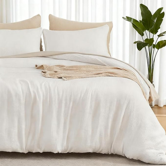 EMME Muslin Cotton Duvet Cover Set Cream White King Size Linen Like Soft Breathable Lightweight Summer Comforter Cover Set with Zipper Closure (Cream White, King, 104"x90")