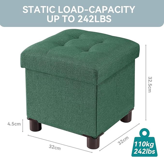 BRIAN & DANY Small Ottoman with Storage, Small Storage Ottoman, Folding Foot Stool with Wood Legs for Living Room and Bedroom Linen Rest Seat, 12.6"x12.6"x12.8" - Dark Green