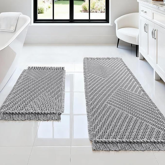 H.VERSAILTEX Waffle Bath Mat Super Absorbent Boho Bath Mat Non Slip Bath Rugs for Bathroom Floor Machine Washable Dry Fast Bathroom Rugs with Tassels (47 x 17 Plus 17 x 24 Inches, Dove)
