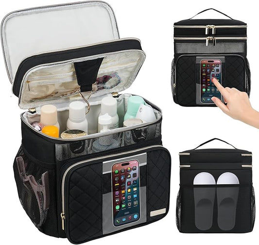 Portable Shower Caddy College, Quickly Dry Tolietry Mesh Tote Bag for Dorm Room Essentials, Hanging Bathroom Organizer Bag for Travel, Gym, Camping (Black)