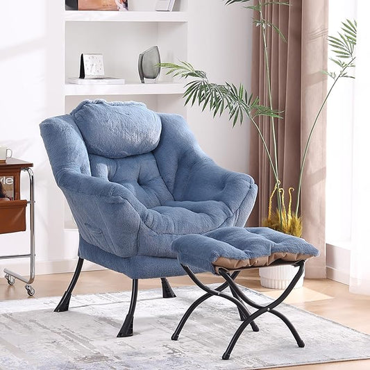 Lazy Chair with Folding Ottoman, Modern Accent Lounge Armchair with Armrests and a Side Pocket & Foldable Footstool, Leisure Reading Chair for Living Room, Bedroom & Dorm, Plush Light Blue