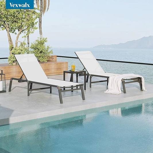 Pool Lounge Chairs Set of 2, Foldable Aluminum Chaise Lounge Outdoor with 5 Positions Recliner - Free Assembly - Patio Chaise Lounge Chair for Poolside, Beach, Yard (White, 2 Pack)
