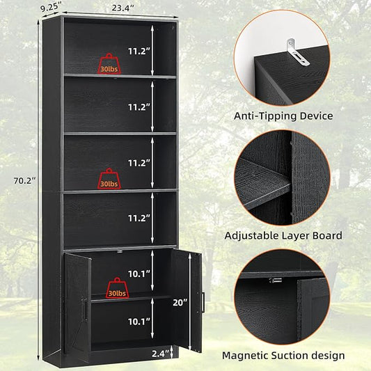 70in Tall Bookshelf 6 Tier Bookcase with Barn Doors and Adjustable Shelf, Black Farmhouse Book Shelves with Storage Cabinet,Wood Floor Standing Display Bookshelve for Bedroom,Living Room,Kitchen
