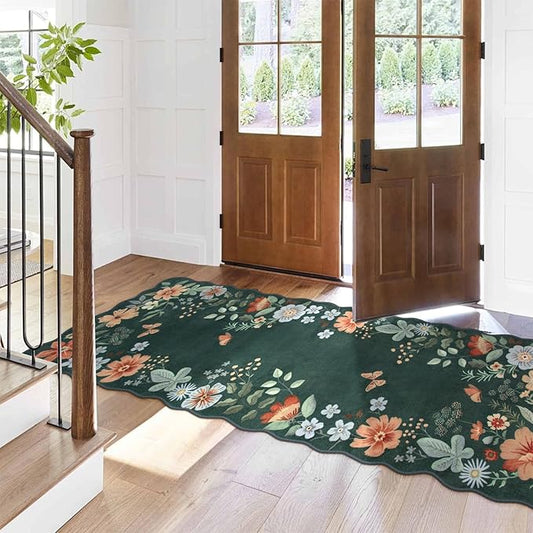 Lahome Floral Hallway Runner, 2X6 Washable Runner Rug Non-Slip, Ultra-Thin Soft Stain Resistant Boho Low-Pile Carpet for Kitchen Laundry Bathroom Bedroom, Dark Green