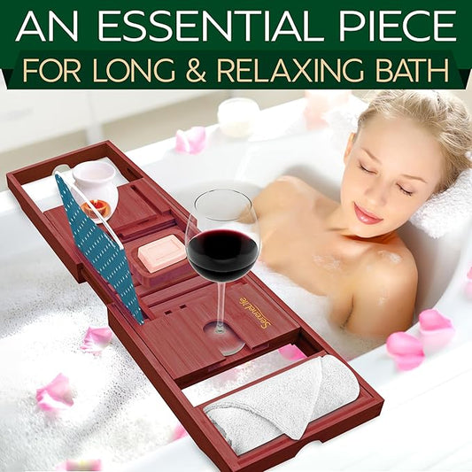 SereneLife Premium Bathtub Tray Caddy with Gift Box and Bow Set, Expandable Bath Tray, Unique House Warming Gifts for Mom, Women, Wedding, Anniversary, Bridal Shower, Fit for All Tub - Stain Brown