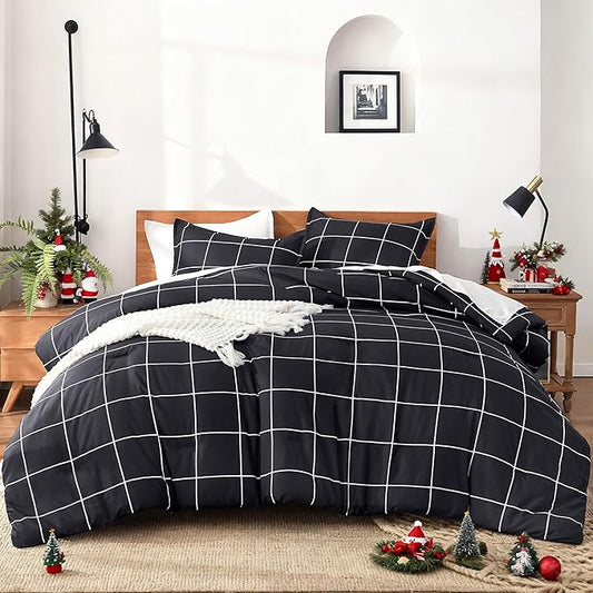 Andency Black Grid Comforter Set Queen(90x90Inch), 3 Pieces (1 Plaid Comforter and 2 Pillowcases) Black Plaid Comforter Set, Lightweight Microfiber Gingham Geometric Comforter Bedding Set