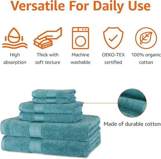 Amazon Basics Fade Resistant Bath, Hand and Washcloth Towel Set, 100% Cotton, Set of 6, 30 x 54 inches, Teal Green