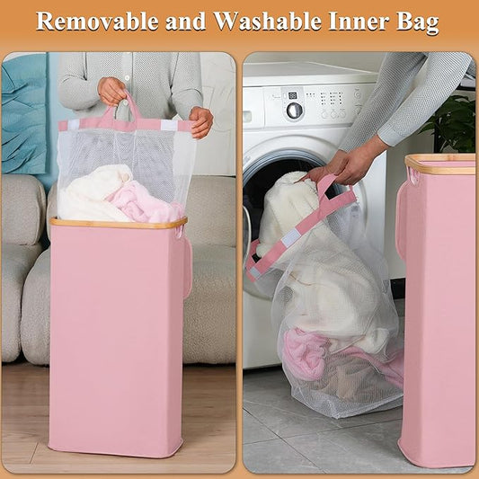 Laundry Hamper with Lid, 110L Large Laundry Basket with Handle and Lid, Collapsible Clothes Basket Organizer with Removable Inner Bag for Clothes Toys Towels,Pink