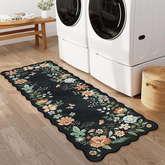 Lahome Floral Kitchen Runner, 2x5 Soft Washable Runner Rug Non Slip, Ultra-Thin Hallway Rug Stain Resistant Boho Carpet for Laundry Bathroom Bedroom, Black/Grey