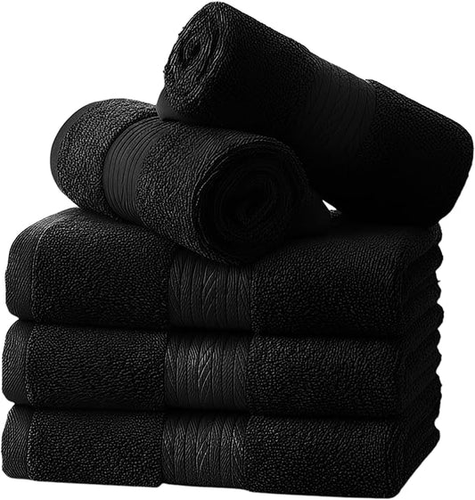 Ample Decor Washcloths Pack of 5 12 X 12 Inch 100% Cotton 600 GSM, Soft Absorbent and Reusable Fingertip Towels, Ideal for Bathroom and Powder Room - Black