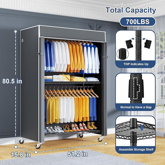 P8C Heavy Duty Clothes Rack(With Extended Width Design) Rolling Clothing Racks for Hanging Clothes with Lockable Wheels,51.2" W x 15.8" D x 80.5" H,Max Load 700LBS,Black Rack with Grey Cover
