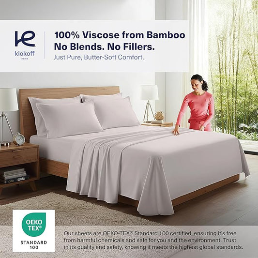 Kickoff Viscose Bamboo Sheets Queen Size 4-pc 100% Organic Bamboo Viscose Bed Cooling Sheets Queen Size Set Cool Bedding for hot Sleepers Sheet, Flat, Fitted, Pillowcases (Light Grey, Q)