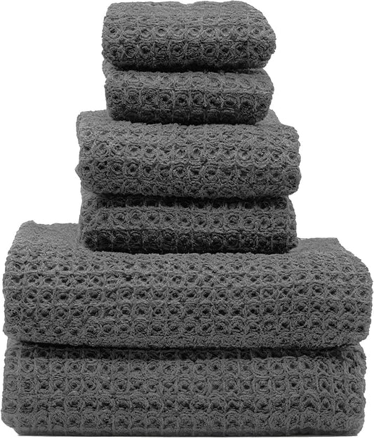 Italic Sedona Waffle Towel Set, 6-Piece 410 GSM 100% Cotton Set Includes 2 Bath Towels, 2 Hand Towels & 2 Washcloths, Quick-Drying (Charcoal)