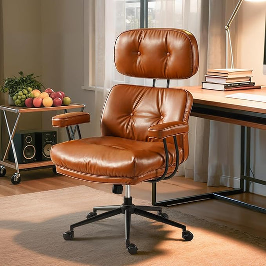 Home Office Desk Chair, Mid-Century Modern Office Chair with Adjustable Lumbar Support, Thickened Cushion Executive Desk Chair with 360 Rolling Swivel for Meeting Game Study Room(Brown)