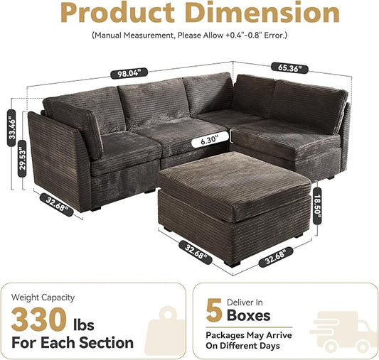 Modular Sectional Sofa,5 Pieces Sectional Couches for Living Room,131X65 L Shaped Cloud Couch with Ottoman Chaise Set
