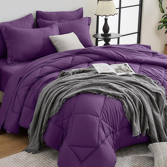 HEVUMYI Grape Purple Queen Comforter Set - 7-Piece All Season Bed in a Bag Queen, Ultra Soft Bedding Set with Comforter, Flat Sheet, Fitted Sheet, Pillowcases, Pillow Shams