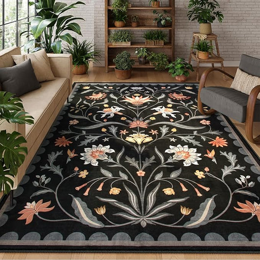 Lahome Boho Floral Washable Black 8x10 Area Rugs for Living Room, Non Slip Rugs for Bedroom, Ultra-Thin Indoor Throw Dining Room Carpet for Under Table Home Office Farmhouse (Black,8x10)