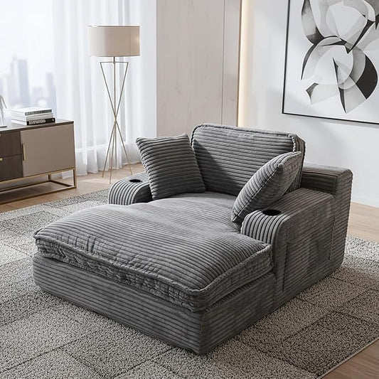 67" Oversized Chaise Lounge Chair Indoor, Soft Boneless Cloud Couch with 3 Pillows, 4 Side Pockets and 2 Cup Holders, Comfy Corduroy Sleeper Couch for Living Room Bedroom, Gray
