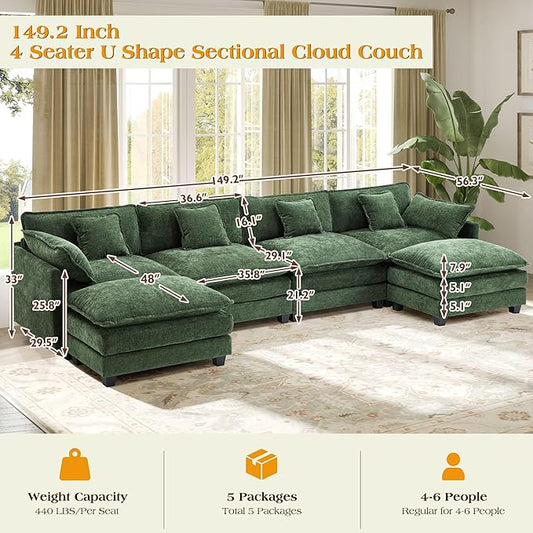 149.2" Modular Sectional Sofa,U Shaped Couch for Living Room,Modern Deep Seat Sofa 3 Seater Chenille Fabric Comfy Cloud Couches with Throw Pillows & Movable Ottoman