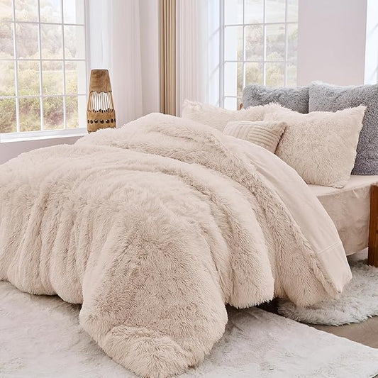 Sasttie 3-Piece Fluffy Duvet Cover King, Ultra Soft Faux Fur and Velvet Beige Comforter Cover, Luxury Fuzzy Bedding Sets for Winter Bed, Includes 1 Duvet Cover and 2 Pillowcases, No Comforter