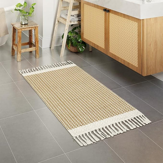Lahome Boho Kitchen Runner, 2x4.3 Bathroom Runner Rug Lightweight Entryway Rugs Woven Cotton Throw Mat with Tassels, Farmhouse Non Shedding Washable Rug Low Pile Runners for Bedroom Doorway, Khaki