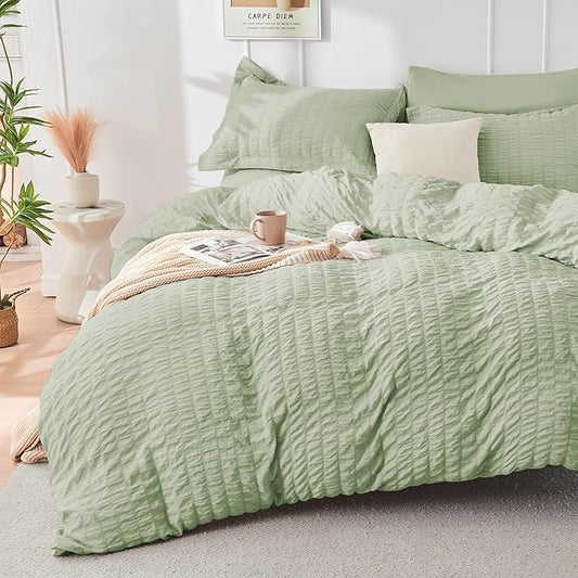 HYMOKEGE Light Green Full Size Comforter Sets Seersucker 7 Pieces, All Season Luxury Bed in a Bag for Bedroom, Bedding Set with Comforters, Sheets, Pillowcases & Shams