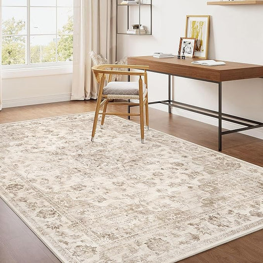 4x5 Washable Neutral Area Rug Beige Vintage Entryway Office Carpet Non-Slip Soft Low Pile Floral Indoor Throw Rug for Living Room Bathroom Dining Room