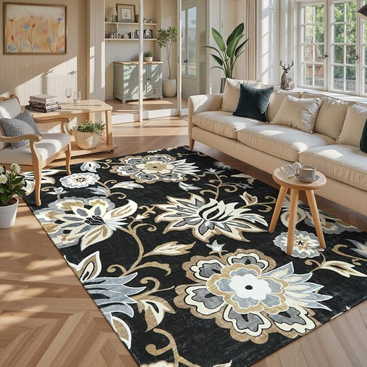 Lahome Floral Black Rug for Living Room - Washable 5 x 7 Area Rugs for Bedroom Non-Slip Ultra-Thin Large Rug Stain Resistant Dining Room Rugs, Paisley Print Accent Rugs Carpet for Office Kitchen