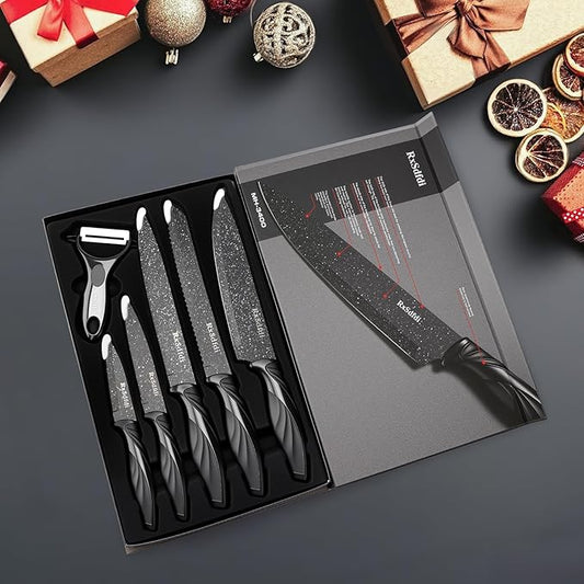 Knife Set, 6 Pieces Kitchen Knives Set with Anti-Rust Coating & Ergonomic Handles, Lightweight, Dishwasher Safe stainless steel Knife, Gift for Kitchen Enthusiasts, Family Chef(Phoenix Tail)