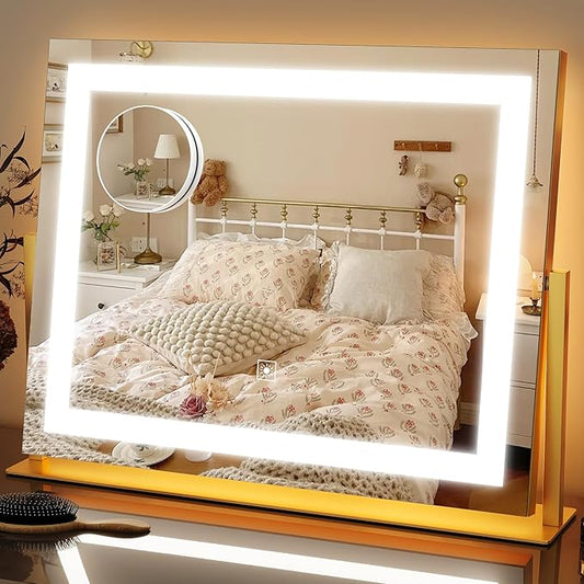 FENNIO Vanity Mirror with Lights 22''x18'' Makeup Mirror with Lights,Lighted Makeup Mirror with 10X Magnification ,Smart Touch Screen with 3-Color Lighting,Dimmable(Square Gold)
