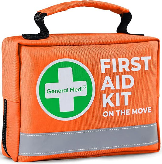 General Medi First Aid Kit - 150 Pieces Small Compact First Aid Kit Bag - Includes Instant Cold Pack, Emergency Blanket for Travel, Home, Office, Vehicle, Camping(Orange)
