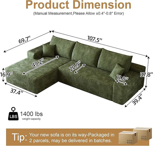 108" Sectional Couches for Living Room Modern Modular Sofa with L-Shape Couchs Upholstered Boneless Couch Deep Seat Sectional Couch with Chaise (Green, Left Facing Chaise+2Seaters)