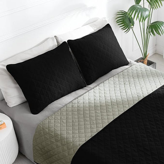 Easy-Going King Size Reversible Quilt Set with 1 Quilt and 2 Pillow Shams, Soft Bed Quilt Cover, Water Resistant Lightweight Microfiber Bedspread, Stain Resistant, Black/Beige