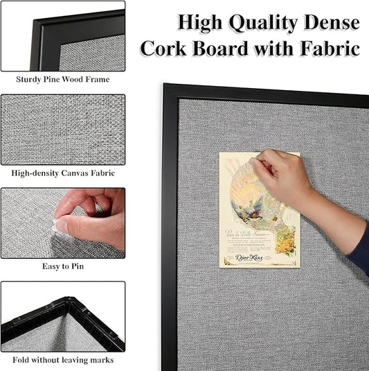 Bulletin Board 48 x 36 Inch, Foldable Cork Board for Walls, Wood Framed Bulletin Boards with Grey Canvas, Wall Mounted Corkboard for Office School Home Decorative