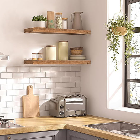 HOOBRO Floating Shelves for Wall, Wall Mounted Shelf Set of 2, 23.6" Hanging Shelf with Invisible Brackets, for Wall in Bathroom, Bedroom, Toilet, Kitchen, Living Room, Office, Rustic Brown BF60BJ01