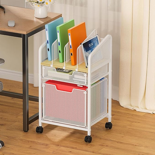 Rolling File Cabinet with Adjustable Dividers, Mobile Filing Cabinet with 2 Storage Drawers on Lockable Wheels, Hanging File Organizer Beside Under Desk for Office, Home, White(Patent Pending)