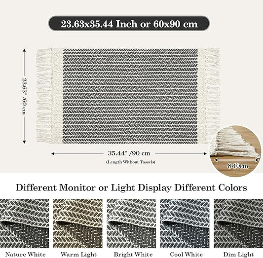 Lahome Boho Bathroom Rugs, Small 2x3 Entry Rug Washable Front Door Bath Mat Woven Cotton Area Rug with Tassels, Farmhouse Non Shedding Lightweight Grey Throw Rug Low Pile Carpet for Kitchen