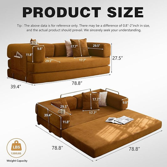 78.8" Convertible Sofa Bed - Compression Sofa with Corduroy Fabric - with Armrests and Backrest - Modular Sectional for Living Room, Bedroom, Studio - Compression Sofa in Box (Yellow)