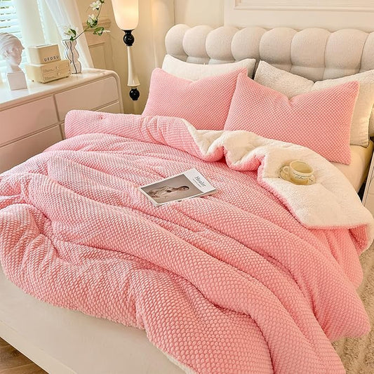 3D Jacquard Design Comforter Set, Ultra-Soft Warm King Size Sherpa Fur Plush 3-Pieces Sets Luxury Cozy Bedding with 2 Pillowcases (104"x90", Pink)