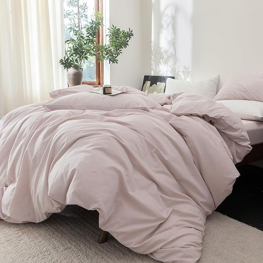 FOSSA Duvet Cover Set 100% Washed Cotton Linen Feel Super Soft Breathable Cozy 3 Pieces Bedding Sets Solid Greyish Pink Oversized King