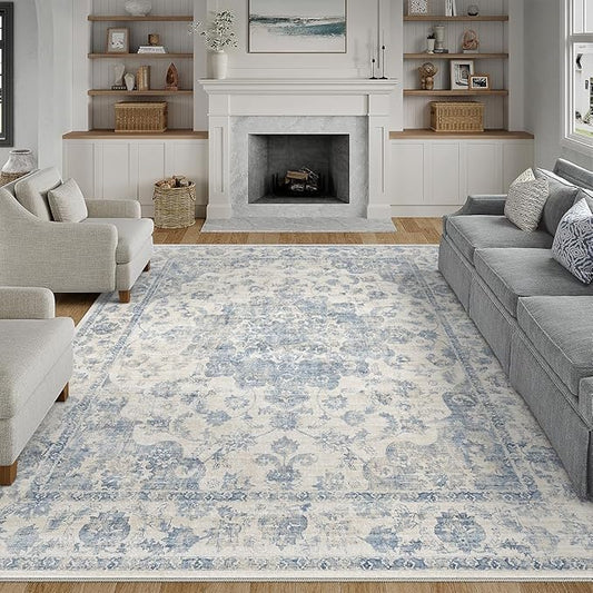 12x15 Neutral Area Rug Blue Vintage Living Room Bedroom Washable Carpet Non-Slip Soft Low Pile Floral Indoor Extra Large Throw Rug for Dining Room Office