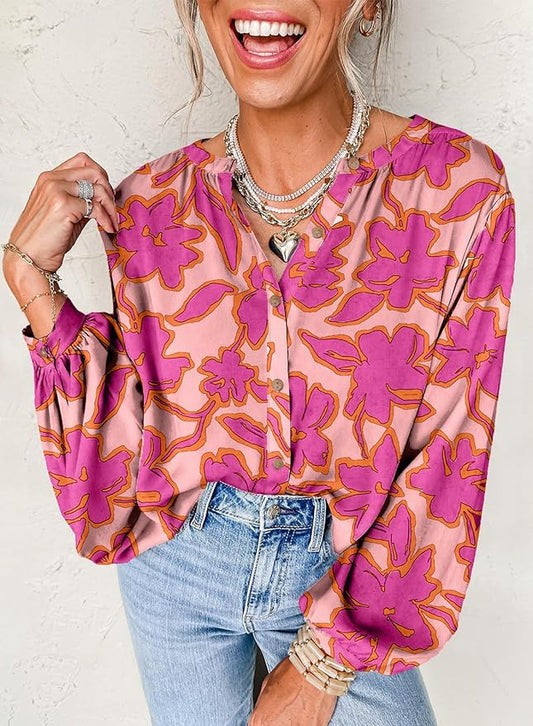Astylish Womens 2026 Boho Floral Loose Spring Summer Tops Lantern Sleeve Flowy Blouses V Neck Button Down Shirts