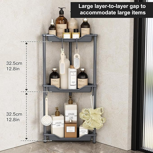 Orimade Rustproof 3 Tier Floor Standing Corner Shower Caddy Organizer, Plastic Metal Splicing Floor Corner Shelf Rack Stands for Bathroom, Grey